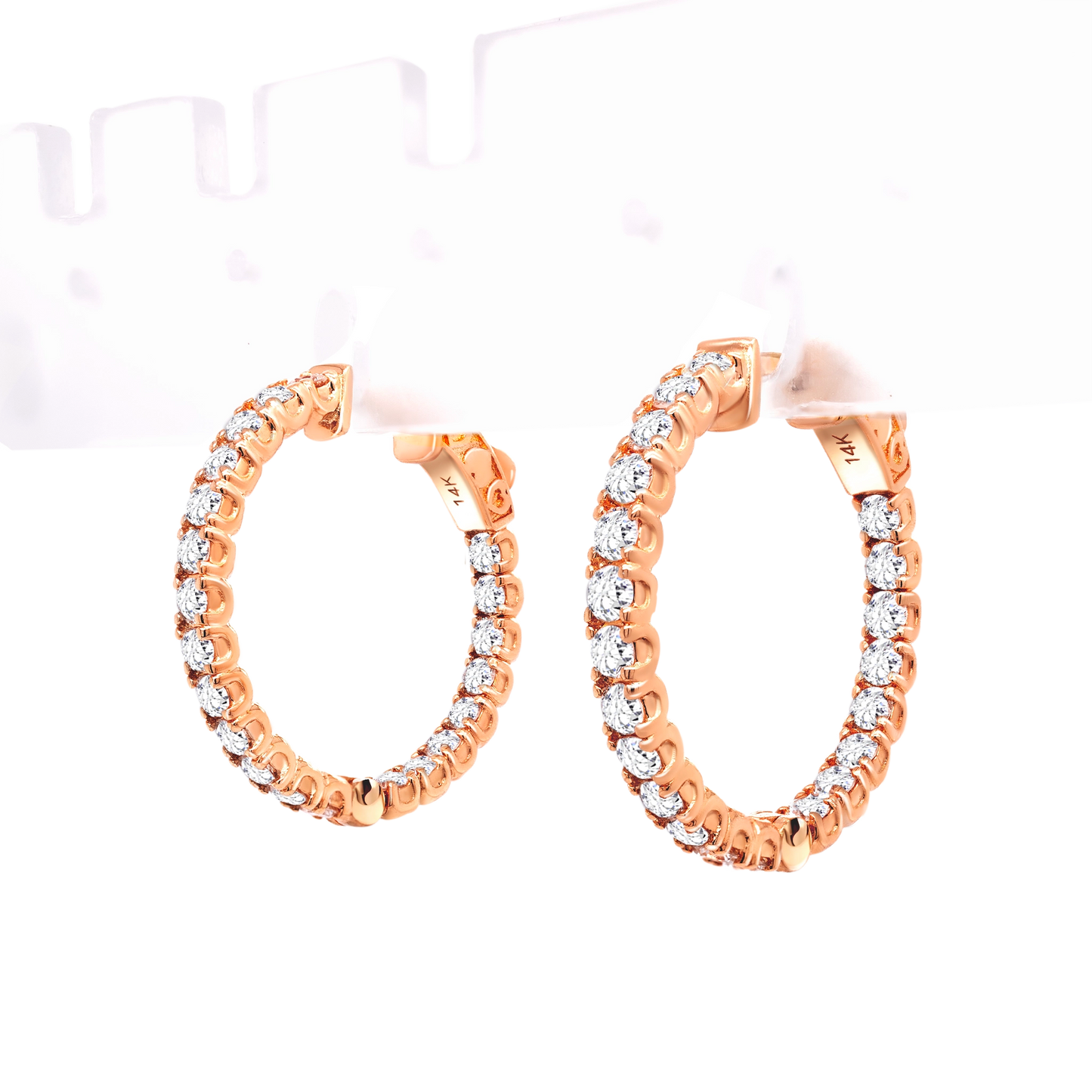 Front view of 14K rose gold U-prong hoop earrings with lab-grown diamonds in shared prong setting