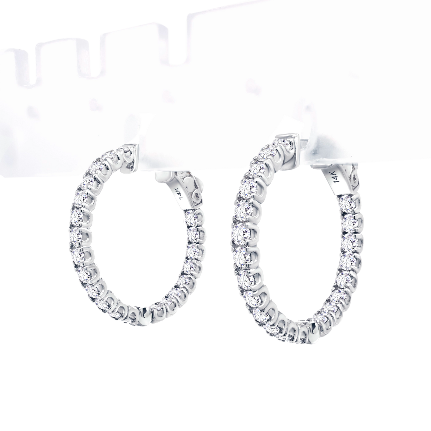 Front view of 14K white gold U-prong hoop earrings with lab-grown diamonds in shared prong setting