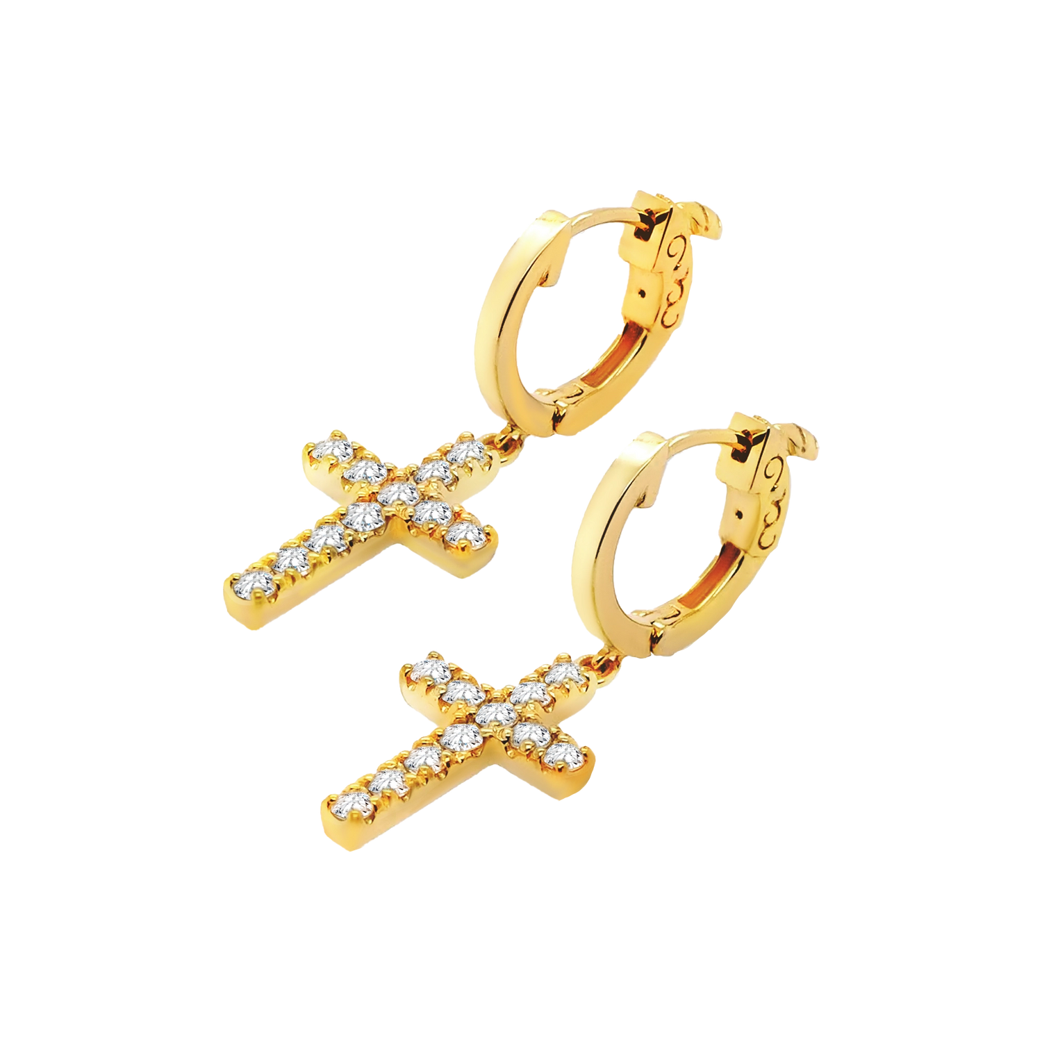 Front view of a 14K yellow gold hoop earring pair with lab-grown diamond cross charms 