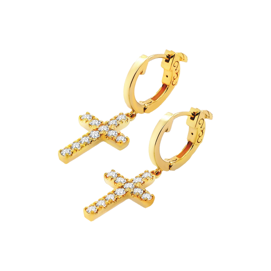 Front view of a 14K yellow gold hoop earring pair with lab-grown diamond cross charms 