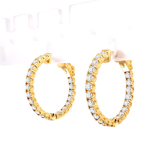 Front view of 14K yellow gold U-prong hoop earrings with lab-grown diamonds in shared prong setting