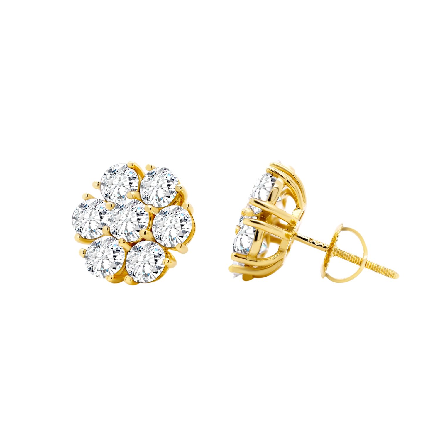 Front view of flower-shaped stud earrings with lab-grown diamond cluster in 14K yellow gold