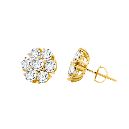 Front view of flower-shaped stud earrings with lab-grown diamond cluster in 14K yellow gold