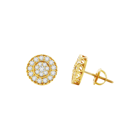 Front view of lab-grown diamond flower cluster stud earrings in 14K yellow gold