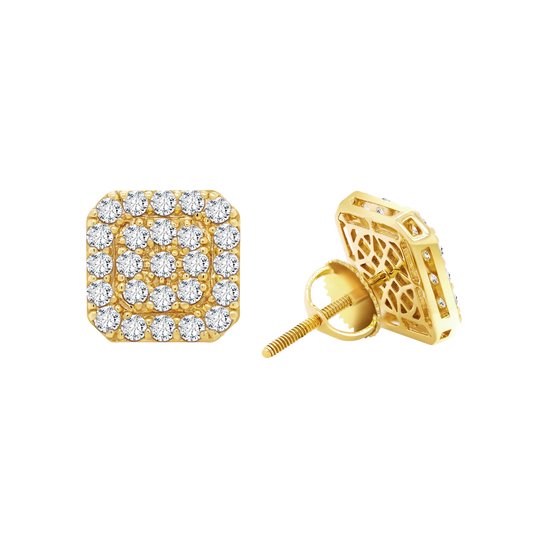 Front view of 14K yellow gold square stud earrings with lab-grown diamond cluster setting